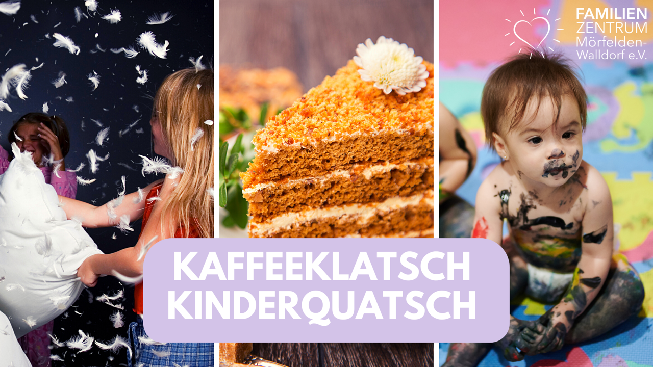 Zu sehen ist ein dreigeteiltes Bild. Links sind zwei Mädchen, die eine Kissenschlacht machen. In der Mitte ein Stück Torte und rechts ein Baby, das sich mit Schokolade verschmiert hat.