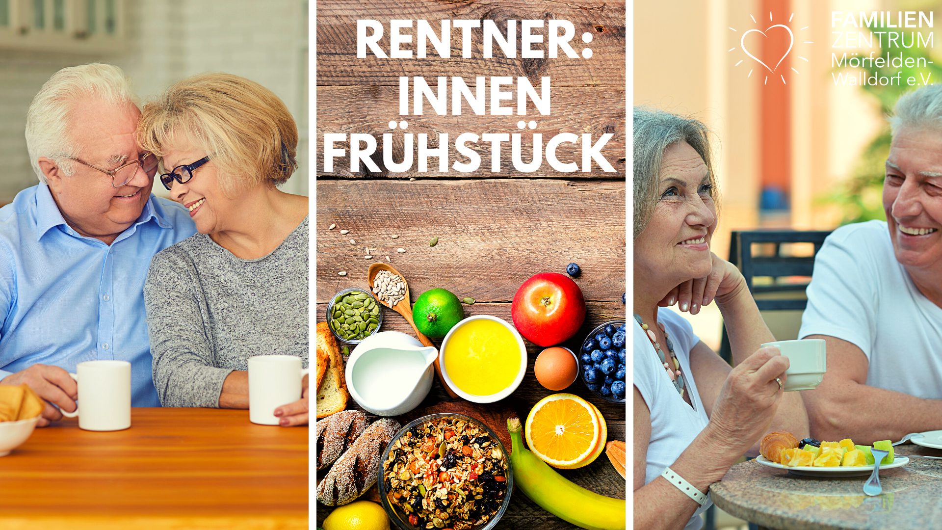 Zu sehen ist ein dreigeteiltes Bild. Links ein älteres Paar das sich zärtlich anschaut, in der Mitte verschiedene Speisen und links ein Paar an einem Tisch im Freien.