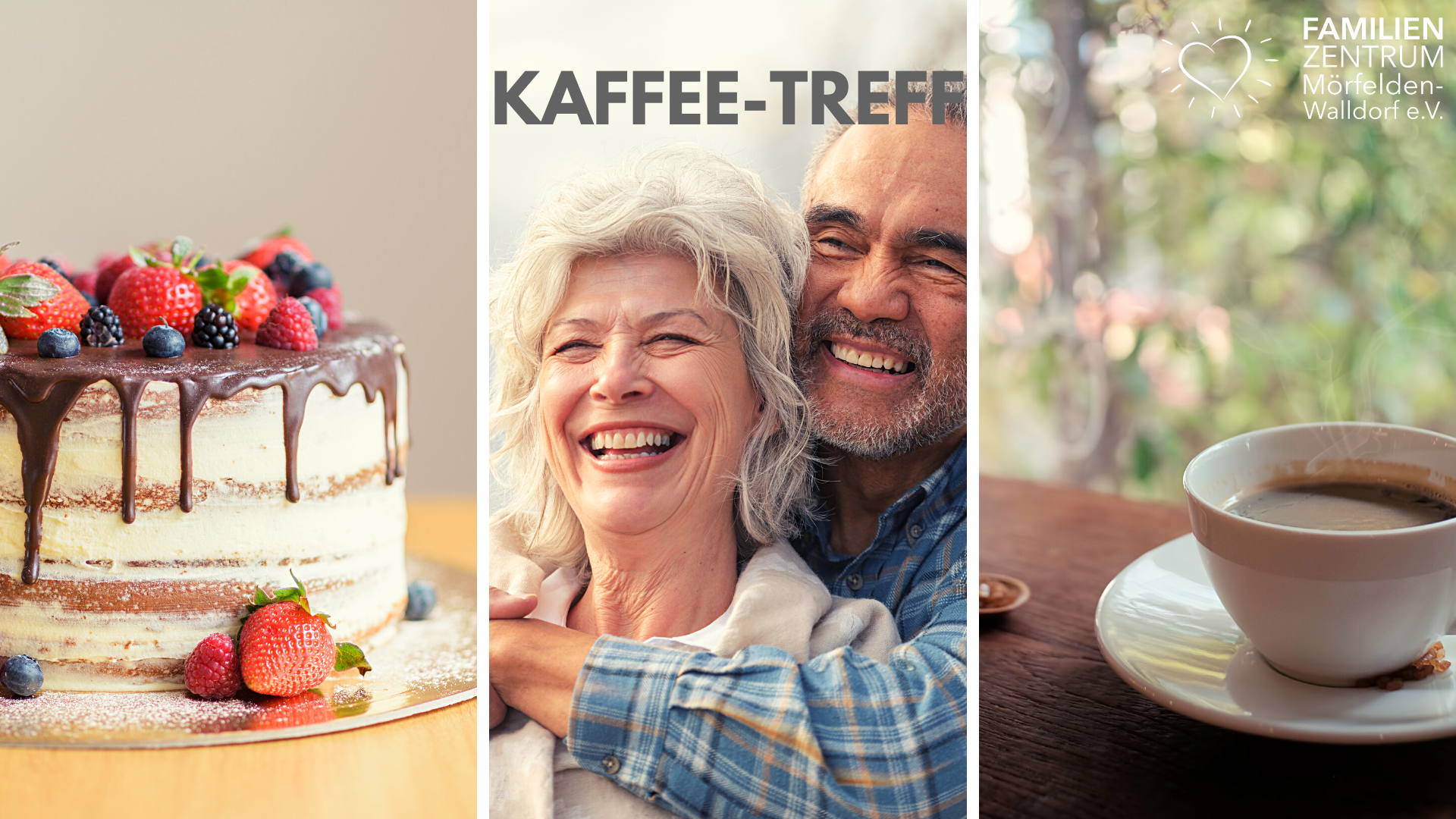 Zu sehen ist ein dreigeteiltes Bild. Links ein Stück Torte mit Obstgarnitur. In der Mitte ein lachendes Pärchen und rechts eine Kaffeetasse.