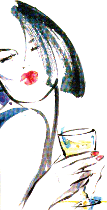 Zu sehen ist eine illustrierte Frau mit schwarzen Haaren und roten Lippen, die ein Weinglas mit Weißwein in ihrer Hand hält. Der Hintergrund ist weiß.