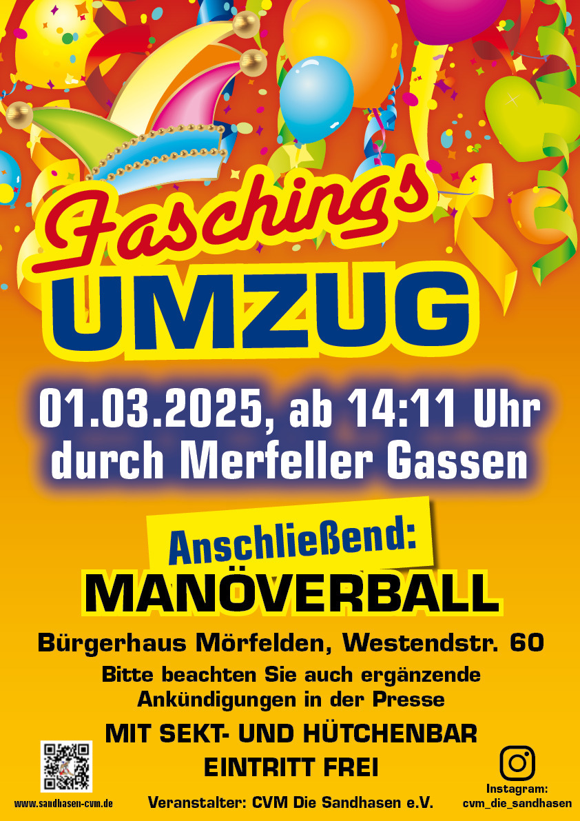 am oberen Rand des gelben Plakates ist eine Narrenmütze, Luftballone und Luftschlangen zu sehen. Darunter in Textform die Hinweise zu der Veranstaltung