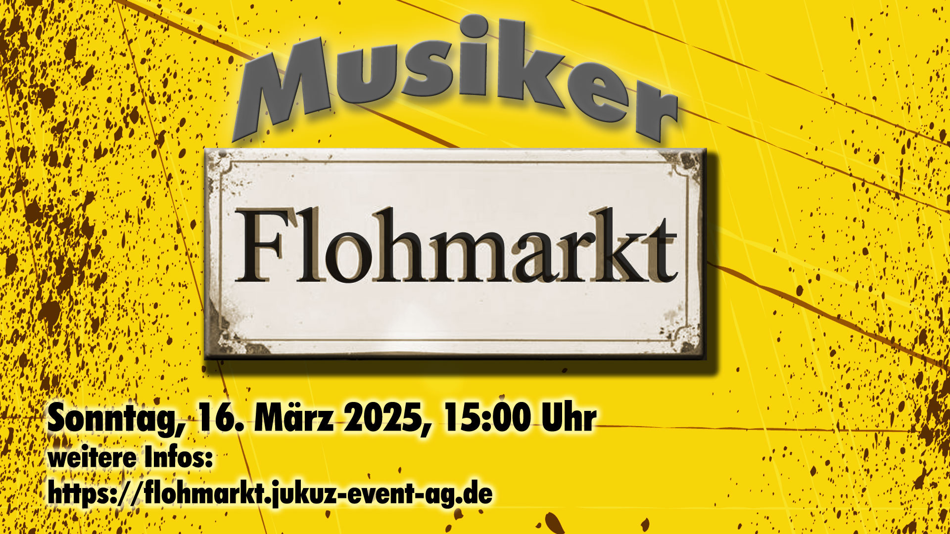 Gelbes Logo des Musikerflohmarktes mit dem Datum Sonntag, 16.03.2025 und der Uhrzeit 15 Uhr.