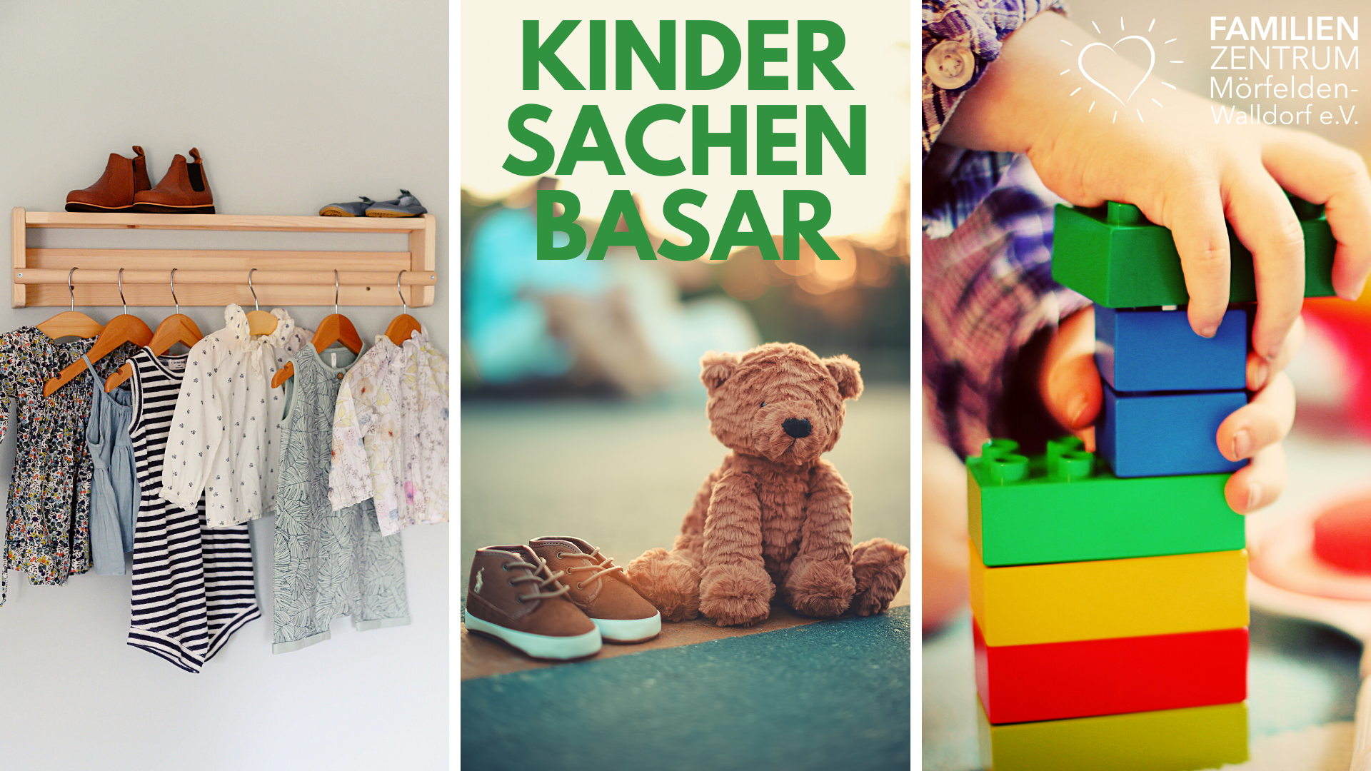Zu sehen ist ein dreigeteiltes Bild. Links Kleider auf der Stange, in der Mitte ein Teddybär, rechts ein Stapel Bauklötze.