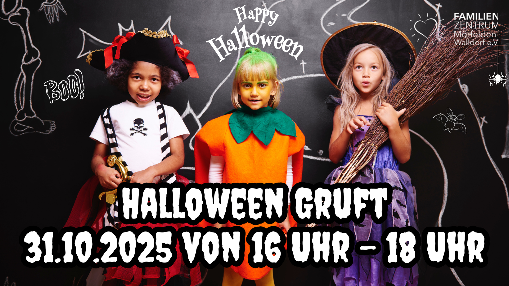 Halloween Gruft 2025 - 1 Zu sehen sind drei Kinder in Halloween Kostümen