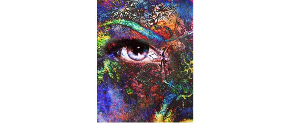 goddess women eye, multicolor background with oriental mandala ornament. eye contact.